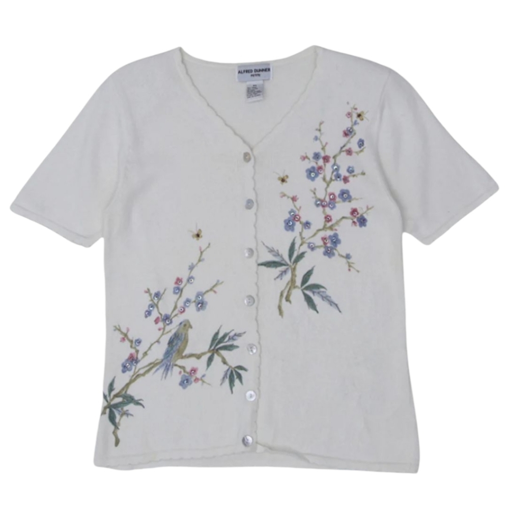 🦄Floral Embroidered Butterfly Bird Button-Up Cardigan Large Petite